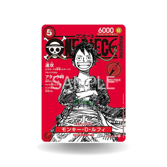 One Piece Card Game Promo Karte Monkey D. Luffy ST21-014 V.1 mit rotem Hintergrund und Manga-Artwork. Japanische Promo-Karte aus dem One Piece Magazine mit 6000 Power