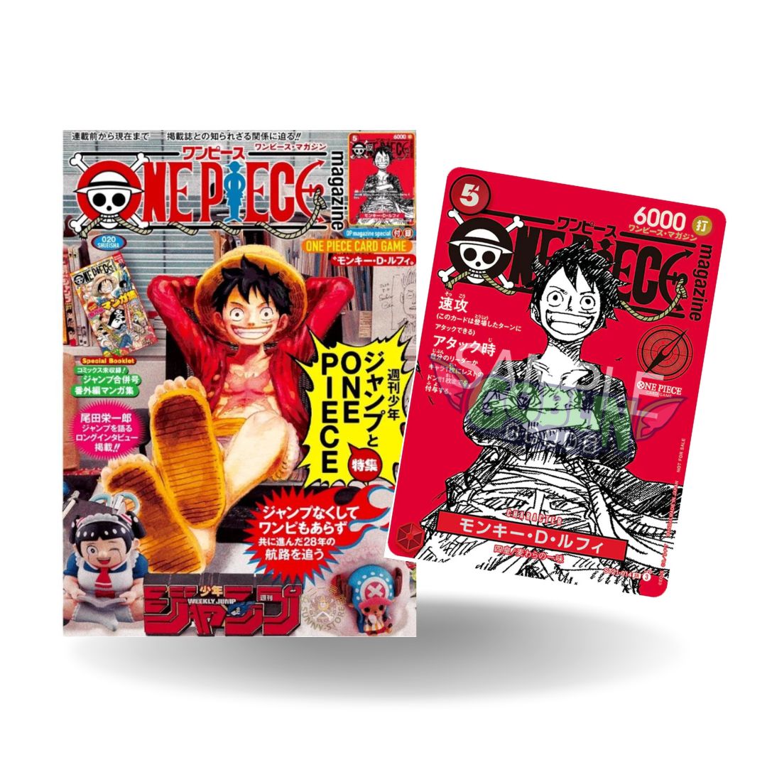 One Piece Magazine Promo ST21-014 Monkey D. Luffy Karte neben japanischem One Piece Magazine. Rote Promo-Karte im Manga-Stil mit 6000 Power aus dem One Piece Card Game

