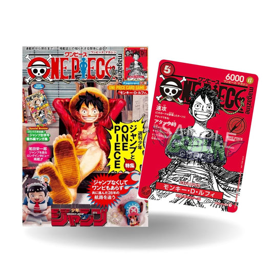 One Piece Magazine Promo ST21-014 Monkey D. Luffy Karte neben japanischem One Piece Magazine. Rote Promo-Karte im Manga-Stil mit 6000 Power aus dem One Piece Card Game

